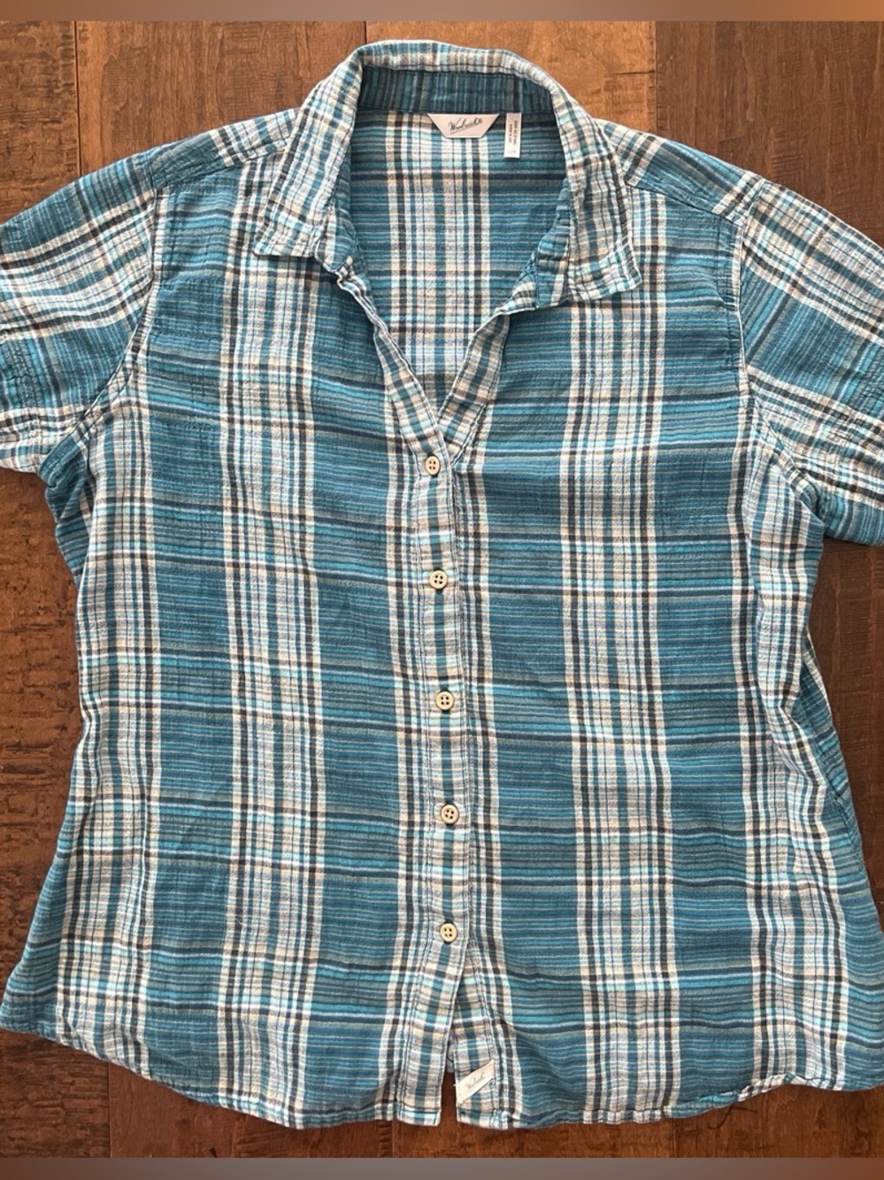 Woolrich cotton blend blue white and beige plaid button-up shirt Sz. Large